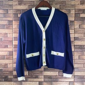 Vintage Womens  Large Blue & Cream Cardigan by Karen Lessly